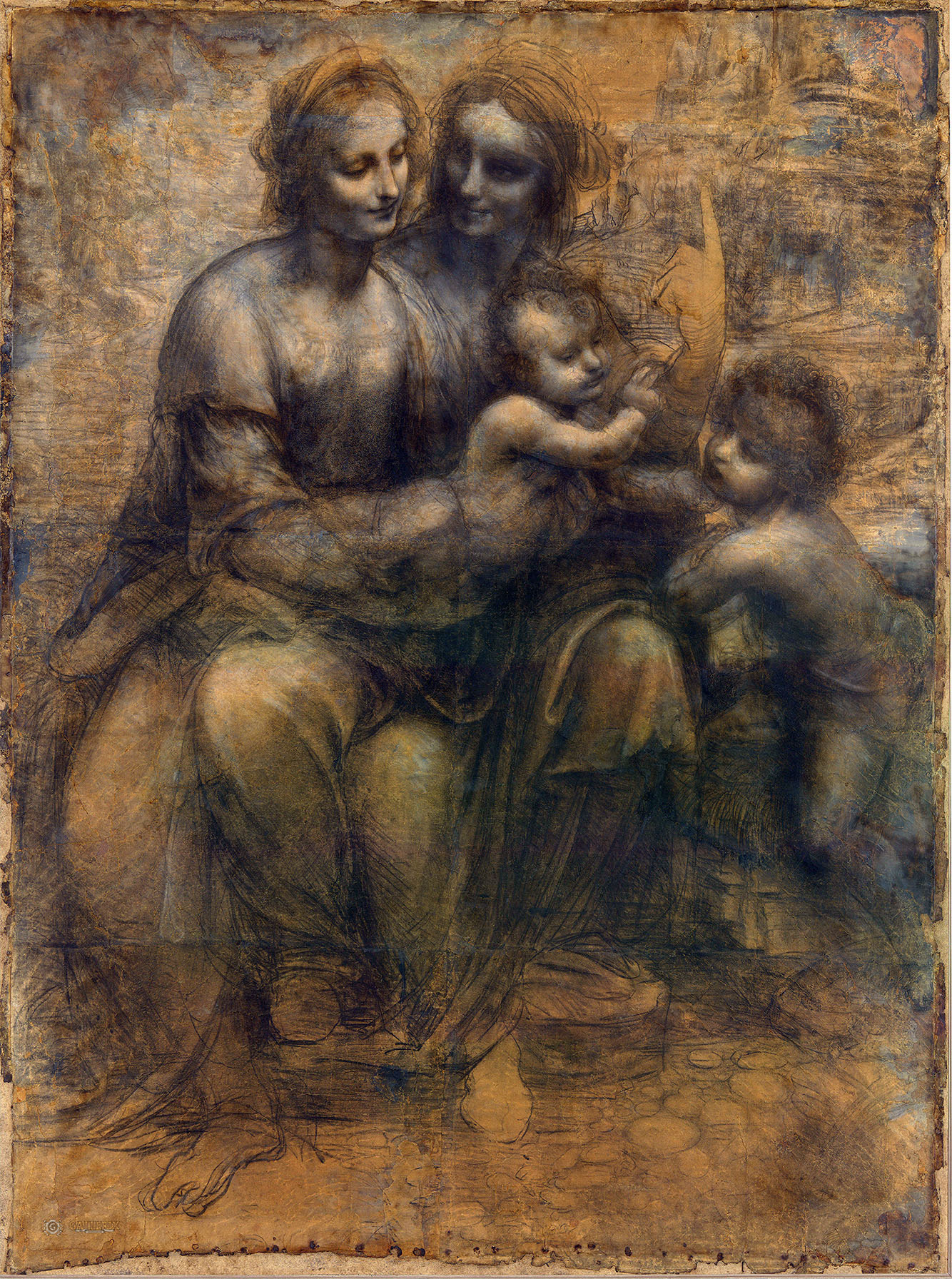 Леонардо да Винчи. "Мадонна с Младенцем со святой Анной и маленьким Иоанном Крестителем". 1499-1500. Нациоеальная галерея, Лондон.